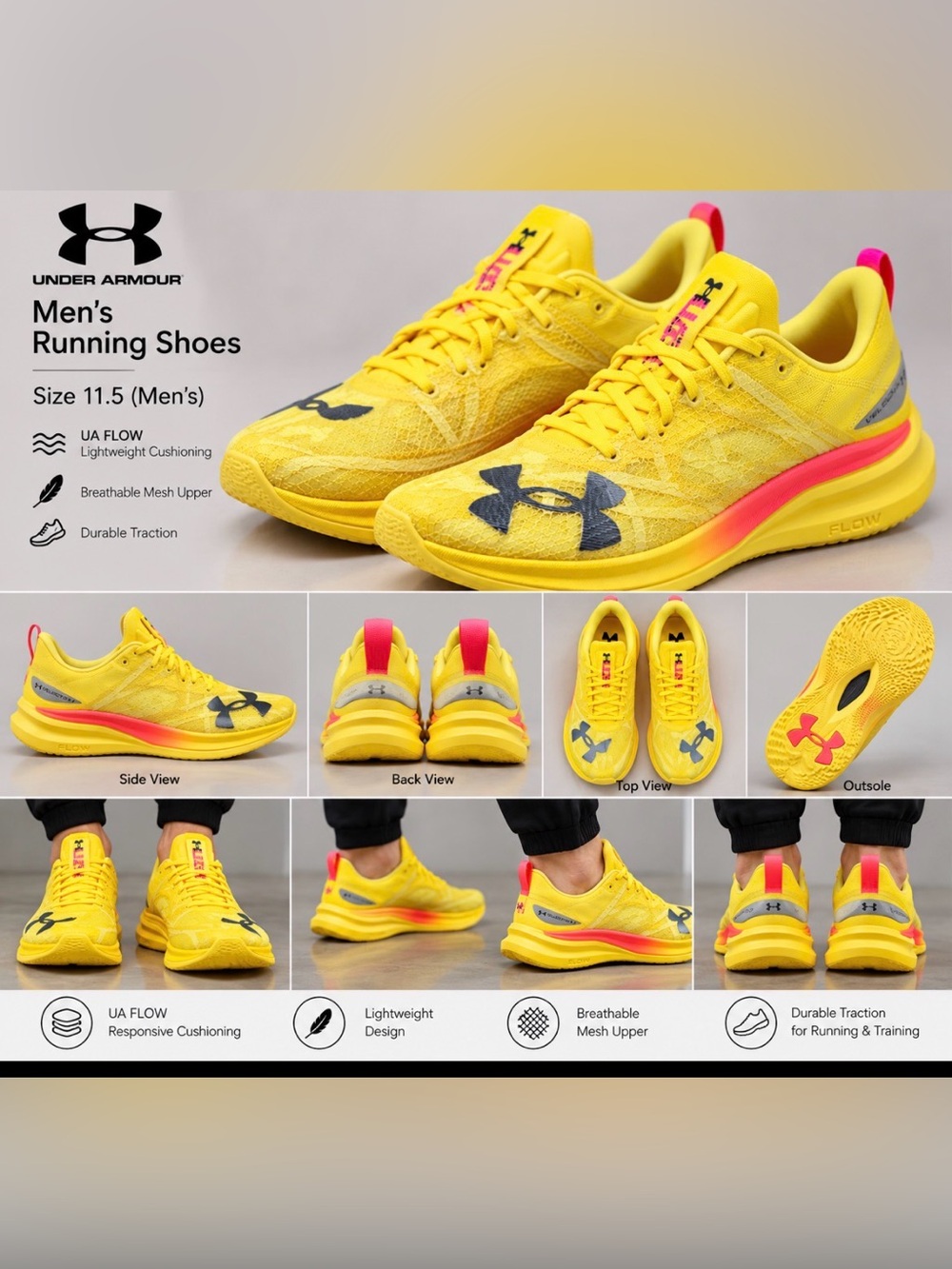 Under Armour Yellow Athletic Sneakers with Black Logo Accents